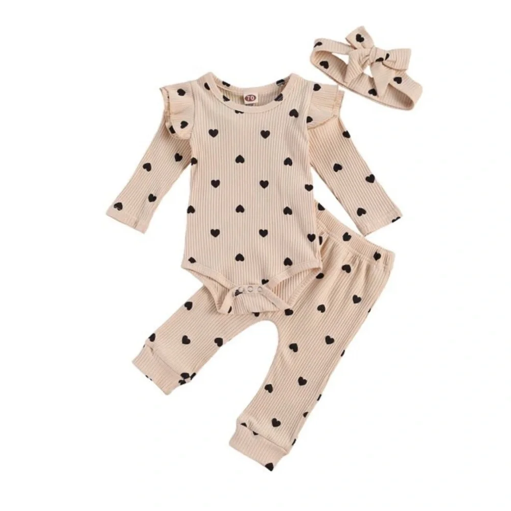 Girls Long Sleeve Ruffled Heart Onesie with Matching Pants & Bow - Picture 1 of 4